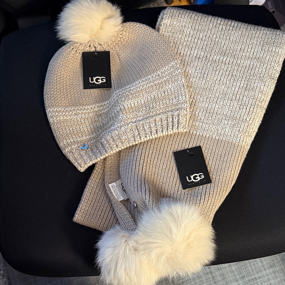UGG Cream Knit Beanie and Scarf Set